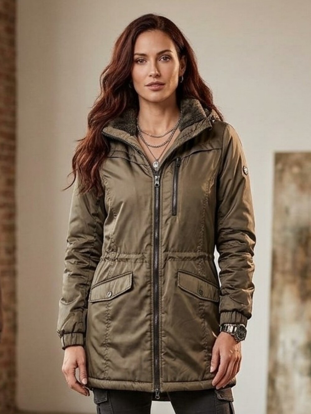 Lucky Brand Premium Performance Hooded Parka Jacket Olive Green S